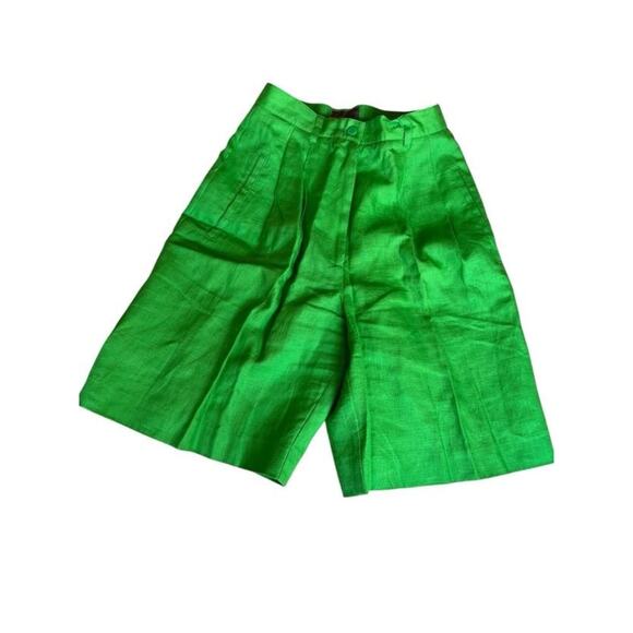 Point of View Collection Women's High Rise Preppy Shorts Linen Pleated Green 4 - Picture 1 of 9